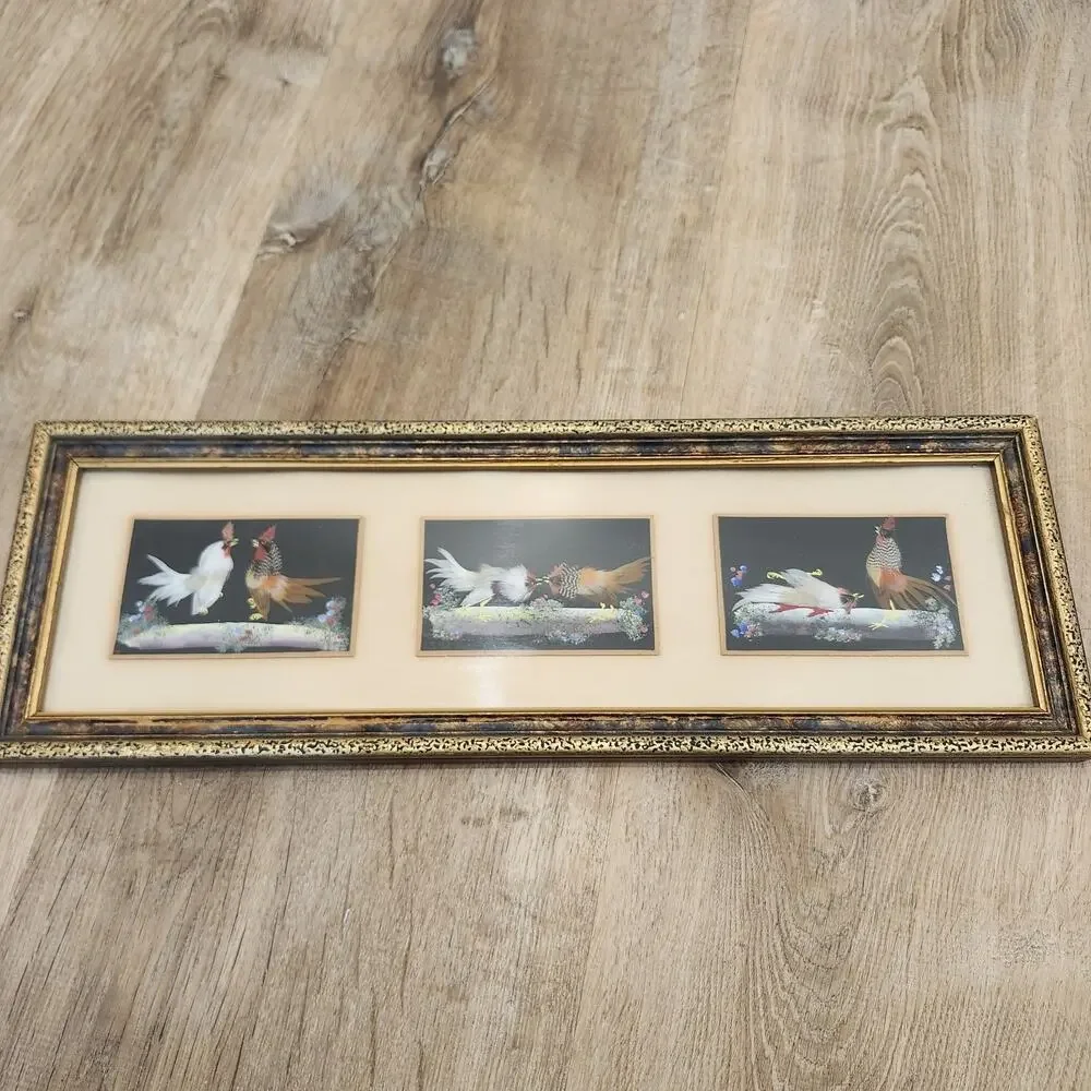 Vtg Mexican Feather Folk Art Rooster Cockfighting Scene Framed Wall Decor